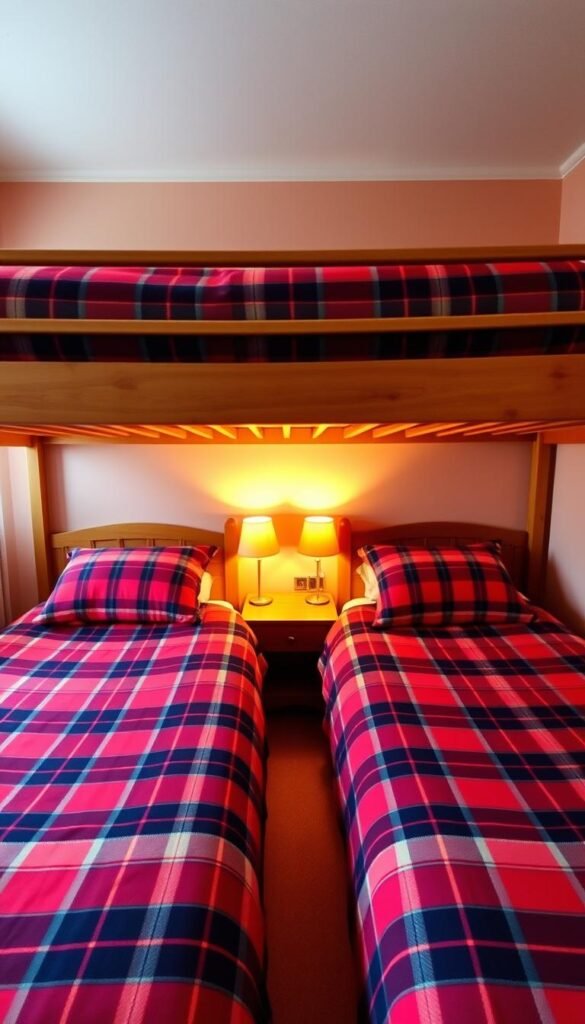 A cozy bedroom with two plaid-patterned bunk beds in the foreground, set against a warm, soft-lit backdrop. The beds feature a bold, vibrant plaid design in shades of red, navy, and white, creating a inviting, rustic-chic atmosphere. The middle ground showcases minimal, yet functional wooden bedside tables and lamps, while the background gently fades into a neutral-toned wall, allowing the patterned beds to take center stage. The lighting is soft and diffused, creating a gentle, comforting glow that enhances the overall sense of coziness and comfort. The perspective is slightly elevated, giving a slightly bird's eye view of the arrangement, showcasing the symmetry and balance of the bunk bed setup.