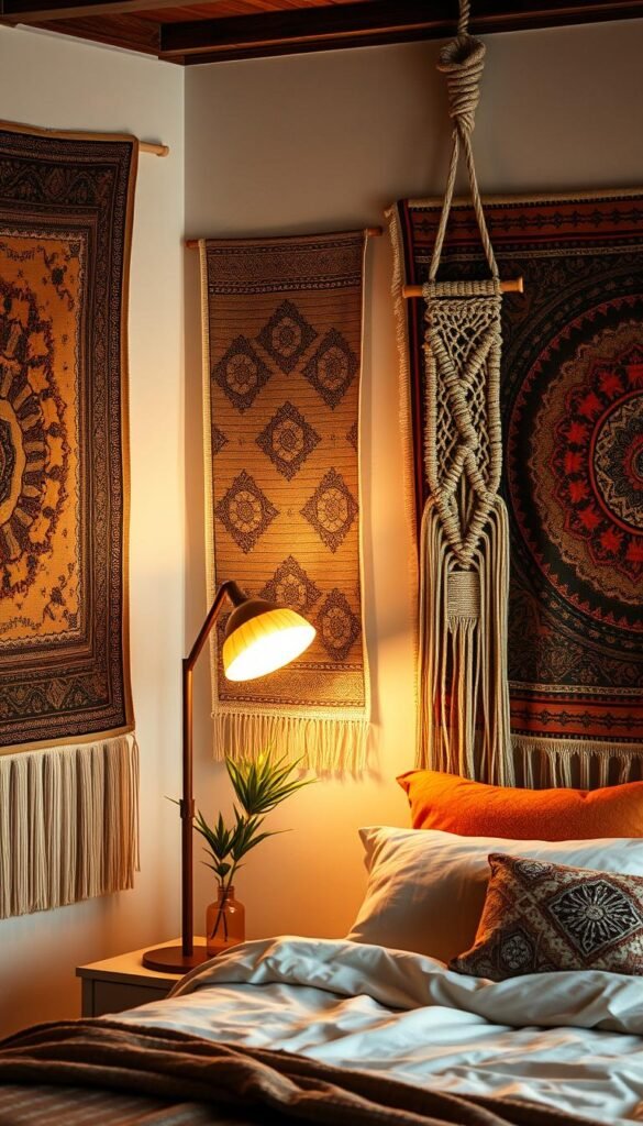 A cozy boho chic bedroom with a focal wall adorned with vibrant tapestries in warm earth tones. The tapestries feature intricate patterns and bohemian motifs, creating a lush, textural display. Hanging next to them are macramé wall hangings in complementary hues, their delicate knotwork cascading gracefully. Soft, diffused lighting from a floor lamp bathes the scene in a golden glow, enhancing the organic, tranquil ambiance. The overall composition exudes a sense of relaxed elegance, inviting the viewer to sink into the serene, inviting atmosphere.