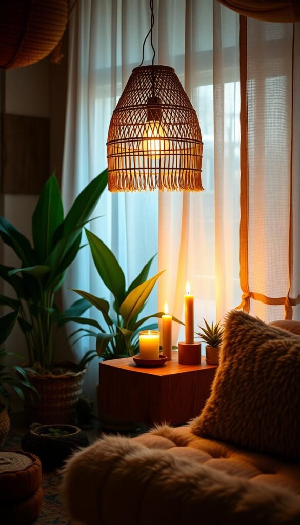 A cozy boho-inspired space bathed in warm, ambient lighting. A mix of natural textures and earthy tones create a serene, inviting atmosphere. A woven pendant lamp casts a soft glow, complemented by the flickering flame of a candle on a rustic wooden side table. Lush indoor plants and plush, tufted furniture add to the laid-back, free-spirited vibe. The scene is captured through a wide-angle lens, highlighting the overall harmonious and harmonious aesthetic. A cozy boho-inspired space bathed in warm, ambient lighting. A mix of natural textures and earthy tones create a serene, inviting atmosphere. A woven pendant lamp casts a soft glow, complemented by the flickering flame of a candle on a rustic wooden side table. Lush indoor plants and plush, tufted furniture add to the laid-back, free-spirited vibe. The scene is captured through a wide-angle lens, highlighting the overall harmonious and harmonious aesthetic.