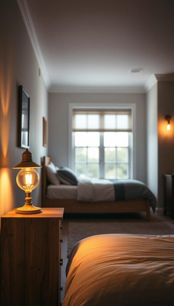 A cozy boys' bedroom with soft, warm lighting that creates a calming, inviting atmosphere. In the foreground, a wooden nightstand with a vintage-inspired lamp casts a gentle glow, its amber hue reflecting off the neutral-toned walls. In the middle ground, a comfortable twin-sized bed is illuminated by a pair of wall-mounted sconces, their muted brass fixtures blending seamlessly with the overall aesthetic. The background features a large window, its natural light filtering in and complementing the artificial sources, resulting in a well-balanced, harmonious lighting design that sets the perfect mood for a young boy's personal space.