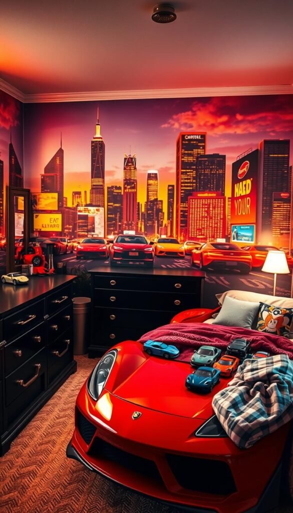 A cozy car-themed bedroom filled with vibrant hues and intricate details. In the foreground, a vibrant red sports car bed with plush bedding and an array of toy cars. In the middle ground, a sleek black dresser with chrome accents and an old-fashioned car radio. In the background, a mural depicting a bustling city skyline at sunset, with neon-lit billboards and skyscrapers reflecting the warm glow. Soft, ambient lighting illuminates the space, creating a welcoming and engaging atmosphere. The overall scene evokes a sense of adventure and excitement, perfect for a young car enthusiast.
