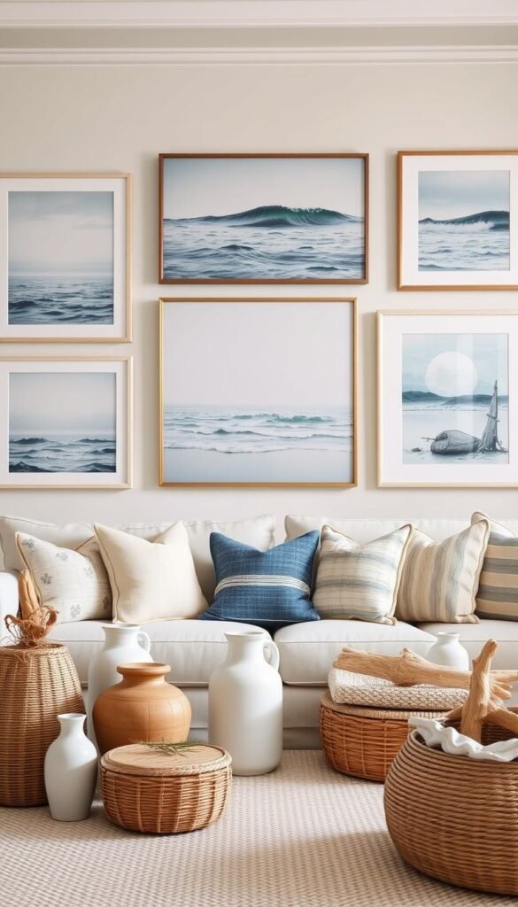 A cozy coastal living room with a collection of framed wall art and decorative accents in shades of white, blue, and tan. The artwork features serene seascape paintings, abstract ocean waves, and minimalist coastal motifs. Scattered around the room are ceramic vases, woven baskets, driftwood sculptures, and other natural elements that evoke the tranquility of the seaside. Soft, diffused lighting illuminates the scene, creating a warm, inviting atmosphere. The overall composition strikes a balance between refined elegance and laid-back, beach-inspired charm.