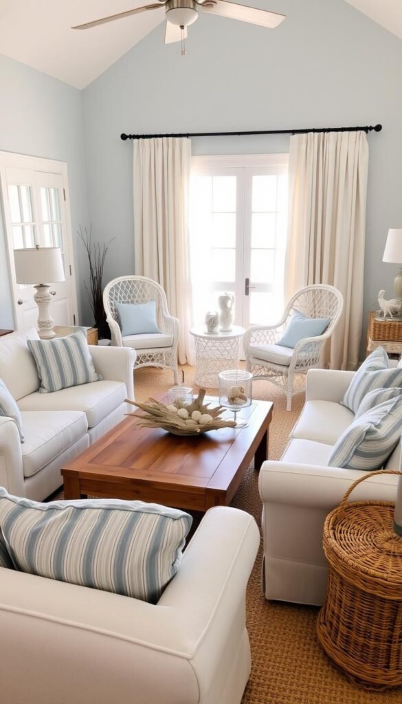 A cozy coastal living room with a selection of inviting furniture. In the foreground, a plush white sofa and armchair are accented with soft blue and gray striped pillows. In the middle ground, a sturdy wooden coffee table holds coastal-inspired decor like a driftwood sculpture and glass vases filled with seashells. Behind, a pair of matching white wicker chairs flank a large window, letting in warm natural light that casts a gentle glow throughout the space. The walls are painted a soothing pale blue, complementing the airy, beachy atmosphere. Decorative accents like a woven area rug, draperies, and a wicker side table complete the cohesive coastal aesthetic.