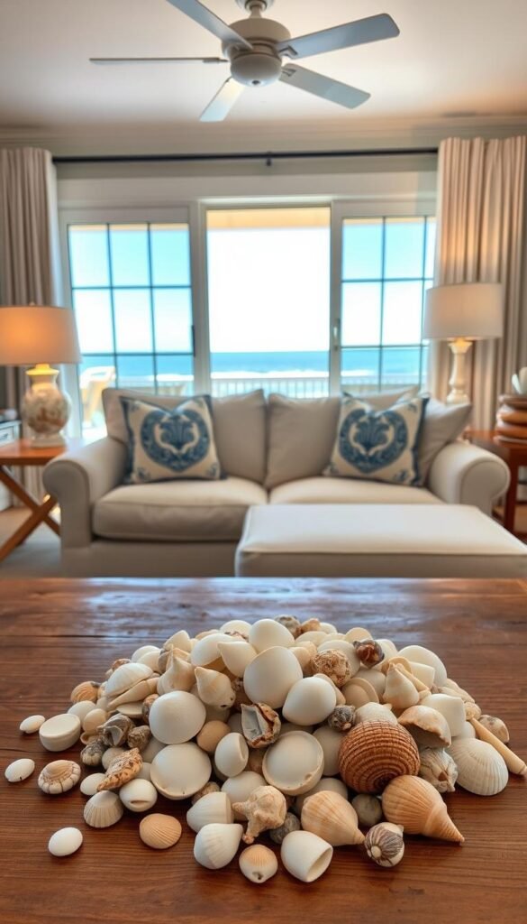A cozy coastal living room with natural seashell accents scattered throughout. The foreground features an assortment of diverse seashells neatly arranged on a wooden coffee table, complemented by the warm glow of a table lamp. In the middle ground, a comfortable linen-upholstered sofa is adorned with a pair of decorative seashell-patterned throw pillows. The background reveals a large window overlooking a serene ocean view, allowing the natural daylight to illuminate the space. The overall mood is one of tranquility and relaxation, capturing the essence of a modern, yet inviting nautical-inspired decor. A cozy coastal living room with natural seashell accents scattered throughout. The foreground features an assortment of diverse seashells neatly arranged on a wooden coffee table, complemented by the warm glow of a table lamp. In the middle ground, a comfortable linen-upholstered sofa is adorned with a pair of decorative seashell-patterned throw pillows. The background reveals a large window overlooking a serene ocean view, allowing the natural daylight to illuminate the space. The overall mood is one of tranquility and relaxation, capturing the essence of a modern, yet inviting nautical-inspired decor.