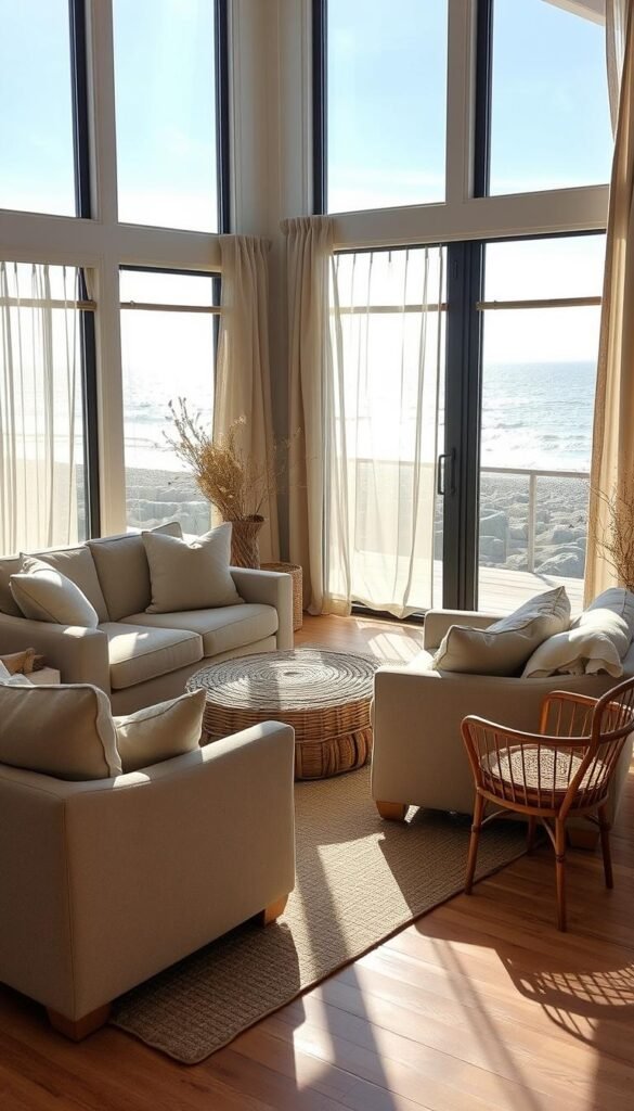 A cozy coastal living room with plush furniture in neutral tones, accented by natural elements. In the foreground, a cozy linen-upholstered sofa and loveseat are arranged around a woven jute coffee table. Driftwood end tables and a rattan armchair add organic textures. Streaming sunlight filters through large windows, casting a warm glow over the space. In the background, sheer curtains billow gently, revealing a glimpse of a serene ocean view. The overall mood is one of relaxation and connection with the natural world. A cozy coastal living room with plush furniture in neutral tones, accented by natural elements. In the foreground, a cozy linen-upholstered sofa and loveseat are arranged around a woven jute coffee table. Driftwood end tables and a rattan armchair add organic textures. Streaming sunlight filters through large windows, casting a warm glow over the space. In the background, sheer curtains billow gently, revealing a glimpse of a serene ocean view. The overall mood is one of relaxation and connection with the natural world.