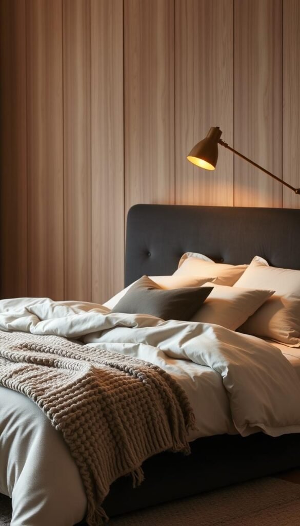 A cozy, contemporary bedroom with layered textures for a sleek, modern feel. The focal point is a plush, velvet headboard in a rich, charcoal gray, framed by a minimalist, wood-paneled wall. Soft, linen bedding in muted tones of ivory and beige creates a serene, relaxing ambiance. A chunky, knit throw in a complementary color adds visual interest and depth. The room is bathed in warm, diffused lighting from a sleek, brass floor lamp, casting a gentle glow. The overall atmosphere is one of elegant simplicity, with each textural element contributing to a cohesive, harmonious design.