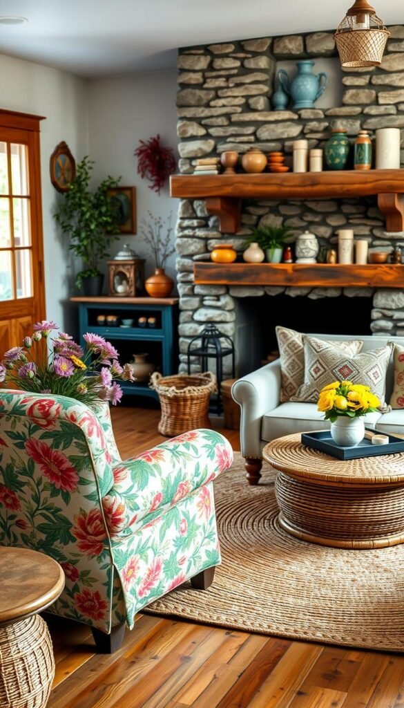A cozy cottage living room filled with colorful and patterned decor accents. In the foreground, a plush armchair upholstered in a vibrant floral print. On the coffee table, a vase of fresh wildflowers and decorative pillows with intricate geometric designs. The middle ground features a woven area rug in warm, earthy tones, complementing the weathered wood floors. Soft, diffused lighting casts a gentle glow, creating a inviting and relaxing atmosphere. The background showcases a stone fireplace mantel adorned with rustic wooden shelves displaying an array of decorative ceramics and candles. The overall scene exudes a charming, eclectic cottage style aesthetic.
