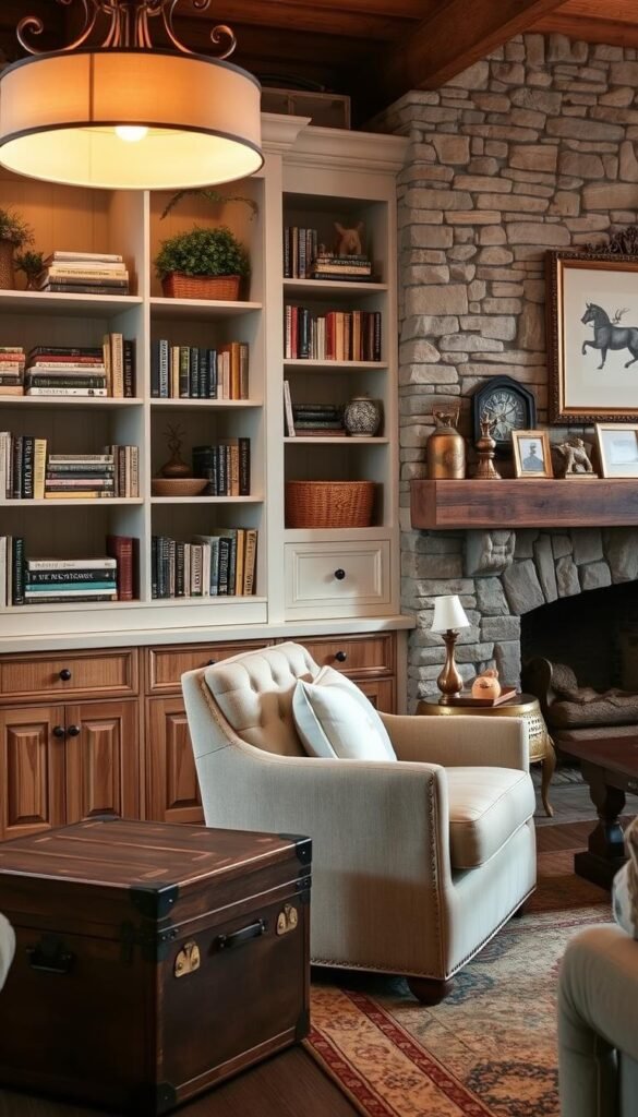 A cozy cottage-style living room with clever storage solutions artfully integrated into the design. In the foreground, a built-in shelving unit with rustic wood panels and wrought-iron accents provides ample space for books, decor, and hidden storage compartments. The middle ground features a plush armchair nestled beside a vintage trunk, doubling as a side table with interior storage. Soft, warm lighting from a hanging pendant fixture casts a welcoming glow, while the background showcases a stone fireplace mantel adorned with charming knick-knacks and framed artwork, complementing the overall cottage aesthetic.