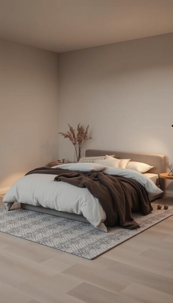 A cozy, desaturated color palette bedroom with muted tones of gray, taupe, and soft blue. Warm, diffused lighting illuminates the space, creating a serene and calming atmosphere. The room features a minimalist, modern design with clean lines and a neutral color scheme. A large, low-profile bed takes center stage, dressed in crisp, textured bedding. Layered textiles, such as a plush area rug and soft throws, add depth and visual interest. Subtle botanical accents, like a potted plant or dried floral arrangements, provide a natural, grounding element. The overall vibe is one of intentional, sophisticated simplicity, inviting relaxation and restful sleep.