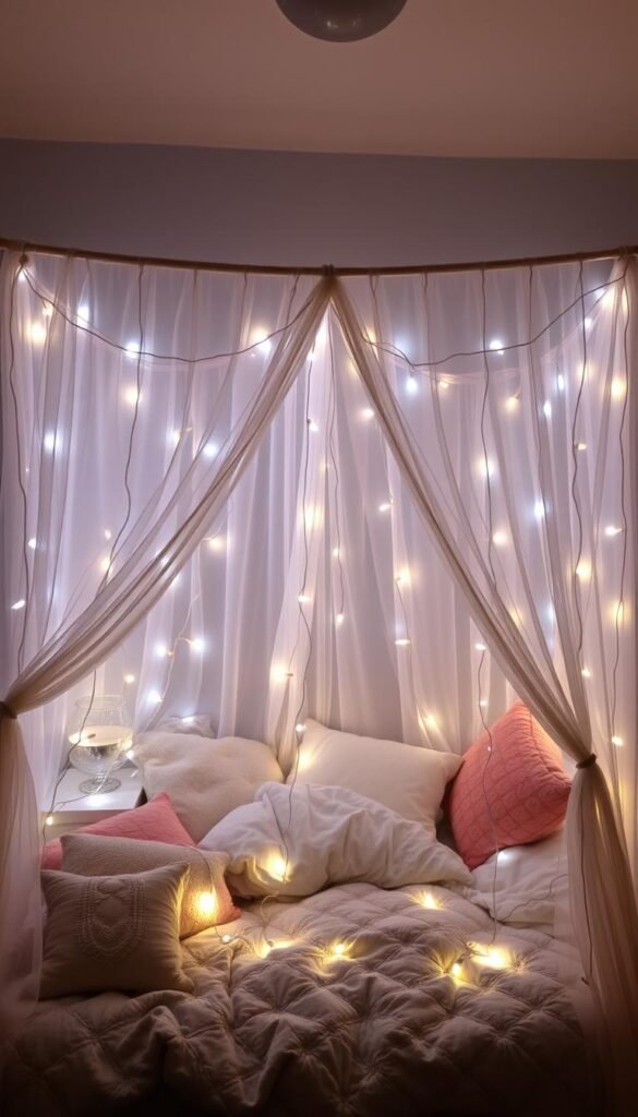 A cozy, dimly-lit bedroom with a fort made of sheer, flowing curtain string lights. The strings are draped and intertwined, creating a glowing, ethereal enclosure. Soft, diffused illumination radiates from the curtain lights, casting a warm, inviting glow throughout the space. The fort's structure is slightly elevated, allowing the lighting to spill out and subtly illuminate the surrounding area. Plush, comfortable bedding and pillows fill the interior, inviting the viewer to curl up and relax. The overall atmosphere is one of coziness, wonder, and a sense of whimsical, childhood imagination.