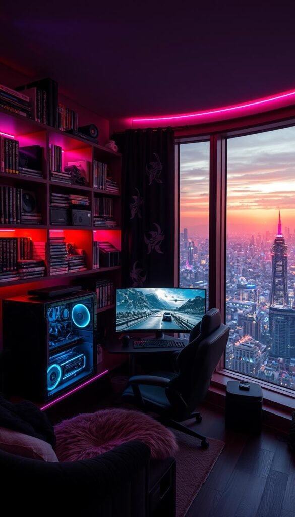 A cozy, dimly-lit gaming sanctuary space bathed in the warm glow of RGB lighting. In the foreground, a high-end gaming PC setup with a sleek, minimalist design. Surrounding it, custom-built shelves filled with an impressive collection of video games, consoles, and gaming memorabilia. In the middle ground, a plush gaming chair and a large, ultra-wide monitor displaying an immersive game world. The background features a sprawling, panoramic view of a futuristic cityscape, visible through floor-to-ceiling windows. A sense of comfort, focus, and escape permeates the scene, creating the ultimate gaming oasis.