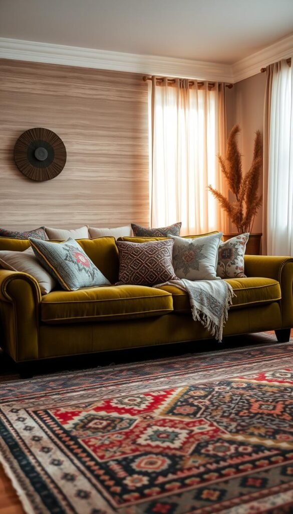 A cozy, earthy living room with a mix of textures and patterns. In the foreground, a plush olive green velvet sofa is adorned with a variety of throw pillows featuring geometric designs, abstract motifs, and organic botanical prints. In the middle ground, a vintage tribal-inspired rug grounds the space, its intricate patterns complementing the soft textiles. The background showcases a feature wall with a subtle, muted strié effect, creating depth and visual interest. Warm, diffused lighting filters through sheer curtains, casting a soothing glow and enhancing the natural, rustic ambiance. The overall composition evokes a sense of comfort, harmony, and a tactile, lived-in aesthetic.
