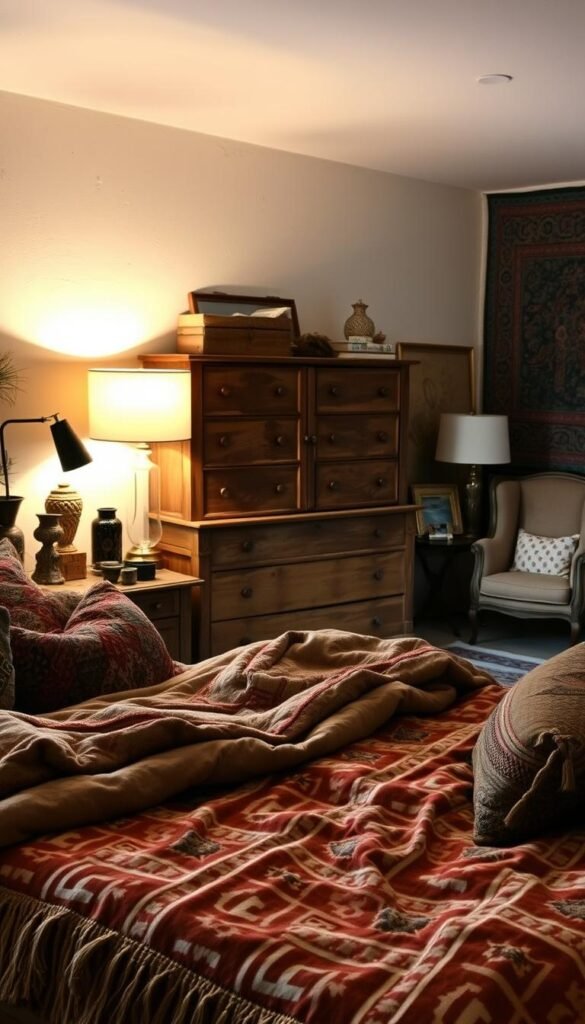 A cozy, eclectic bohemian bedroom where vintage and modern styles effortlessly mingle. In the foreground, a lush, layered bed adorned with plush textiles, ethnic patterns, and tasseled accents. In the middle ground, a rustic wooden dresser stands proudly, its aged surface complemented by sleek, contemporary lamps. The background features a mix of old and new - a vintage armchair nestled next to a minimalist side table, while a tapestry-covered wall adds warmth and depth. Soft, diffused lighting casts a warm, inviting glow, creating an atmosphere of lived-in comfort and harmonious contrast.