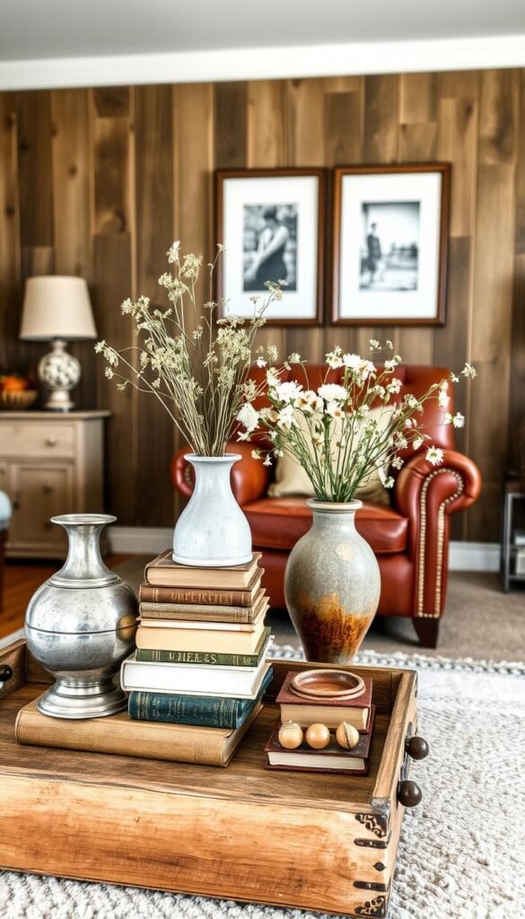 A cozy farmhouse bedroom with an assortment of vintage decor accessories artfully arranged. In the foreground, a weathered wooden tray holds an eclectic mix of found objects - a tarnished silver vase, a stack of antique books, a rustic ceramic vase filled with wildflowers. In the middle ground, a worn leather armchair sits atop a plush area rug, with a set of framed black-and-white photographs hung on the wall above. The background features distressed wood paneling, casting a warm, natural glow through the room. The overall mood is one of nostalgic charm and lived-in comfort, perfect for a modern farmhouse aesthetic.