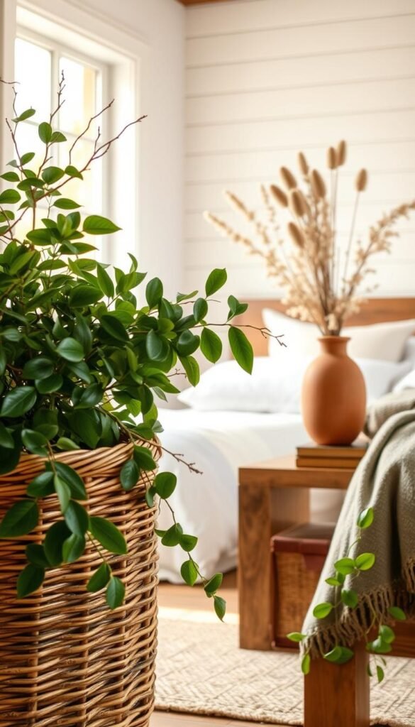 A cozy farmhouse bedroom with rustic natural elements. In the foreground, a woven wicker basket overflows with lush greenery, leaves and branches spilling out. In the middle ground, a solid wood side table holds a terracotta vase filled with dried wildflowers and a stack of worn leather-bound books. Warm, natural light filters in through a large window, casting a soft, inviting glow. In the background, a wall covered in shiplap paneling provides a simple, textured backdrop. The overall atmosphere is one of relaxed, earthy elegance - a perfect blend of rustic charm and modern farmhouse style.