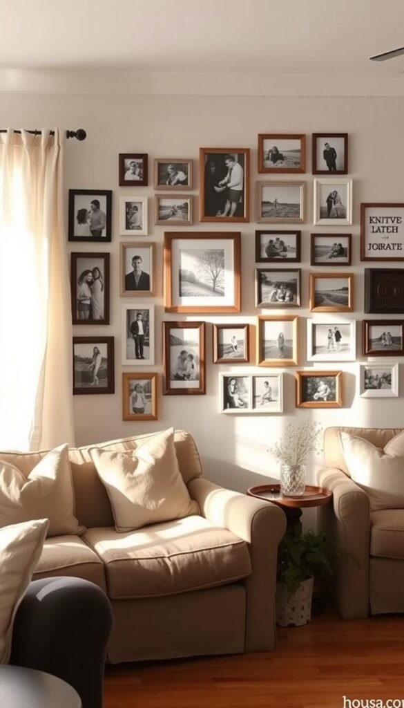 A cozy farmhouse living room with a charming gallery wall adorned with a collection of personal photos in various frames. The wall features a mix of black-and-white and color prints, some in simple wooden frames, others in rustic metal or distressed finishes. The photos capture candid moments, family portraits, and scenic landscapes, creating a heartfelt, lived-in atmosphere. Soft, natural lighting filters through linen curtains, casting a warm glow over the gallery, complemented by the earthy tones of the wooden floors and furniture. The overall composition exudes a sense of comfort, nostalgia, and a celebration of cherished memories. A cozy farmhouse living room with a charming gallery wall adorned with a collection of personal photos in various frames. The wall features a mix of black-and-white and color prints, some in simple wooden frames, others in rustic metal or distressed finishes. The photos capture candid moments, family portraits, and scenic landscapes, creating a heartfelt, lived-in atmosphere. Soft, natural lighting filters through linen curtains, casting a warm glow over the gallery, complemented by the earthy tones of the wooden floors and furniture. The overall composition exudes a sense of comfort, nostalgia, and a celebration of cherished memories.