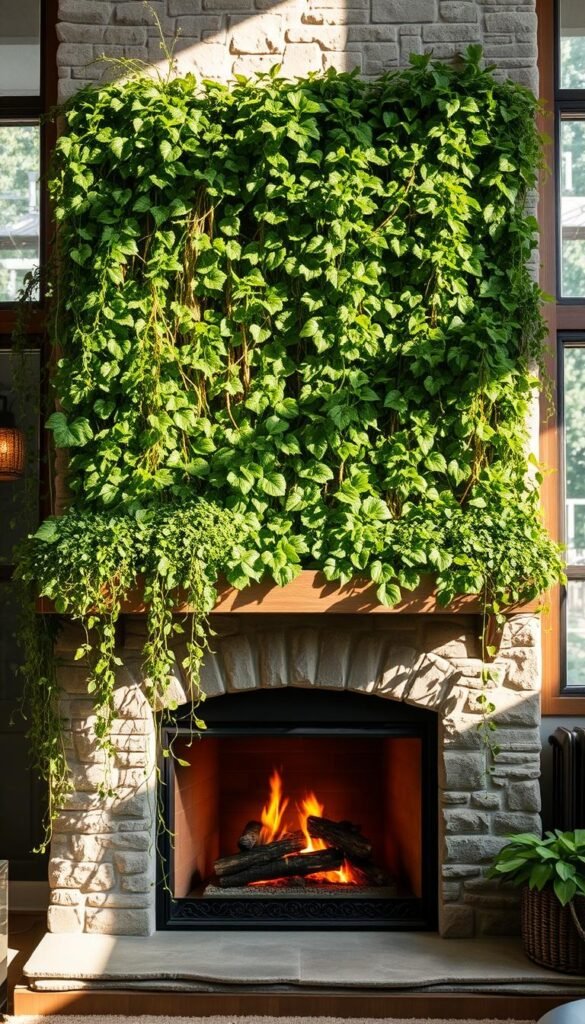 A cozy fireplace with a lush, vertical garden installation taking center stage. The fireplace, crafted from rustic stone, casts a warm, flickering glow that illuminates the verdant, cascading foliage. Trailing vines and leafy plants spill over the mantle, creating a harmonious blend of nature and domestic comfort. Soft, diffused lighting from hidden fixtures highlights the textures and vibrant hues of the living wall, while natural sunlight filters in through large, airy windows, casting gentle shadows. The overall atmosphere is one of tranquility and rejuvenation, inviting the viewer to pause and immerse themselves in this serene, biophilic oasis. A cozy fireplace with a lush, vertical garden installation taking center stage. The fireplace, crafted from rustic stone, casts a warm, flickering glow that illuminates the verdant, cascading foliage. Trailing vines and leafy plants spill over the mantle, creating a harmonious blend of nature and domestic comfort. Soft, diffused lighting from hidden fixtures highlights the textures and vibrant hues of the living wall, while natural sunlight filters in through large, airy windows, casting gentle shadows. The overall atmosphere is one of tranquility and rejuvenation, inviting the viewer to pause and immerse themselves in this serene, biophilic oasis.