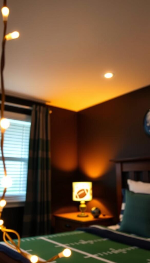 A cozy football-themed bedroom with strategic lighting that sets the mood for game day. In the foreground, a soft glow from a string of twinkling lights outlines the headboard, creating a warm, inviting atmosphere. In the middle ground, a table lamp with a custom lampshade featuring a football motif casts a gentle illumination across the room. In the background, recessed ceiling lights are dimmed to a mellow, amber hue, mimicking the glow of a stadium floodlight. The overall lighting design strikes a balance between functionality and ambiance, ensuring the space is both practical and visually captivating for the young football fan.