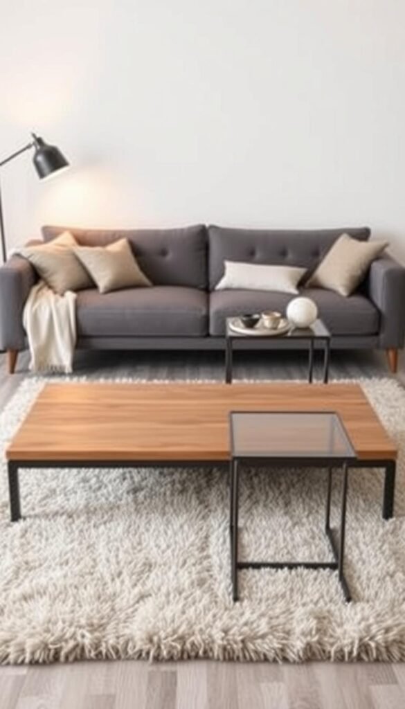 A cozy gray sectional sofa rests against a minimalist white wall, providing a modern canvas for the perfect coffee table pairing. In the foreground, a low-profile wooden coffee table with a clean-lined design sits atop a plush, neutral-toned area rug. Warm, diffused lighting from a pair of sleek floor lamps casts a soft glow, creating an inviting ambiance. In the middle ground, a complementary side table with a simple yet elegant metal frame and a tempered glass top stands ready to host decorative accents. The overall scene evokes a sense of contemporary sophistication and comfortable livability.