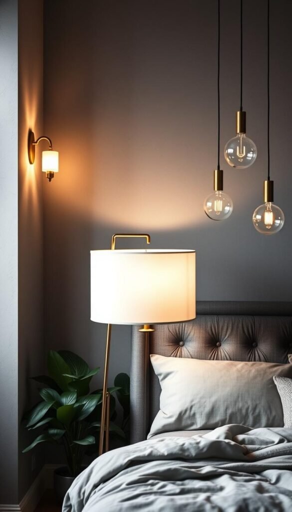 A cozy grey bedroom bathed in soft, layered lighting. The main illumination comes from a pair of brass wall sconces, casting a warm glow onto the textured grey walls. In the foreground, a sleek floor lamp with a linen shade provides indirect ambient light, while a trio of minimalist pendant lights hover above the grey tufted headboard, creating depth and drama. Lush potted plants and subtle reflective surfaces add pops of natural greenery and subtle sparkle. The scene exudes a serene, elegant atmosphere perfect for relaxation.