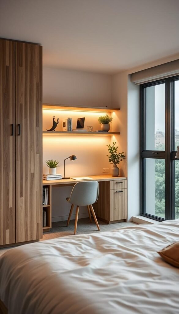 A cozy, hidden workspace nestled within a modern bedroom. A chic mid-century style desk tucked discreetly behind a low bookshelf, illuminated by warm, diffused lighting. Minimalist decor with natural wood accents and a touch of greenery creates a calming, productive atmosphere. The workspace is seamlessly integrated into the bedroom's overall design, blending in effortlessly. A large window offers a serene view, while soft textures and muted tones throughout evoke a sense of tranquility. This hidden nook provides a peaceful, private sanctuary for focused work, seamlessly merging form and function. A cozy, hidden workspace nestled within a modern bedroom. A chic mid-century style desk tucked discreetly behind a low bookshelf, illuminated by warm, diffused lighting. Minimalist decor with natural wood accents and a touch of greenery creates a calming, productive atmosphere. The workspace is seamlessly integrated into the bedroom's overall design, blending in effortlessly. A large window offers a serene view, while soft textures and muted tones throughout evoke a sense of tranquility. This hidden nook provides a peaceful, private sanctuary for focused work, seamlessly merging form and function.