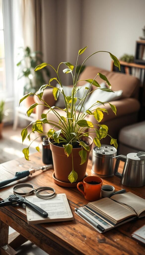 A cozy indoor plant corner with a potted plant on a wooden table. The plant appears to be wilting, with yellowing leaves and drooping stems. The table is cluttered with various tools and supplies, including a magnifying glass, a watering can, and a gardening journal. Soft, natural lighting filters in through a nearby window, creating a warm and inviting atmosphere. The background is blurred, but suggests a comfy living room setting, with a plush armchair and a bookshelf in the distance. The overall scene conveys a sense of concern and problem-solving, as the plant owner tries to troubleshoot the plant's issue.