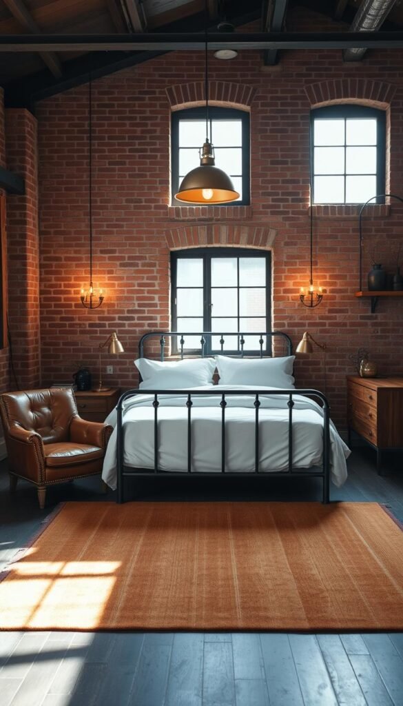 A cozy industrial chic bedroom with exposed brick walls, steel-framed windows, and warm wooden elements. Copper pendant lamps cast a soft glow over the minimalist metal bed frame and crisp white linens. Vintage-inspired furnishings, such as a distressed leather armchair and a reclaimed wood dresser, add rustic charm. A large area rug in earthy tones anchors the space, complementing the industrial-style nightstands and a sleek floating shelf. Diffused natural light streams in, creating shadows that accentuate the room's raw and refined aesthetic. The overall atmosphere exudes a harmonious balance between industrial edge and modern comfort.