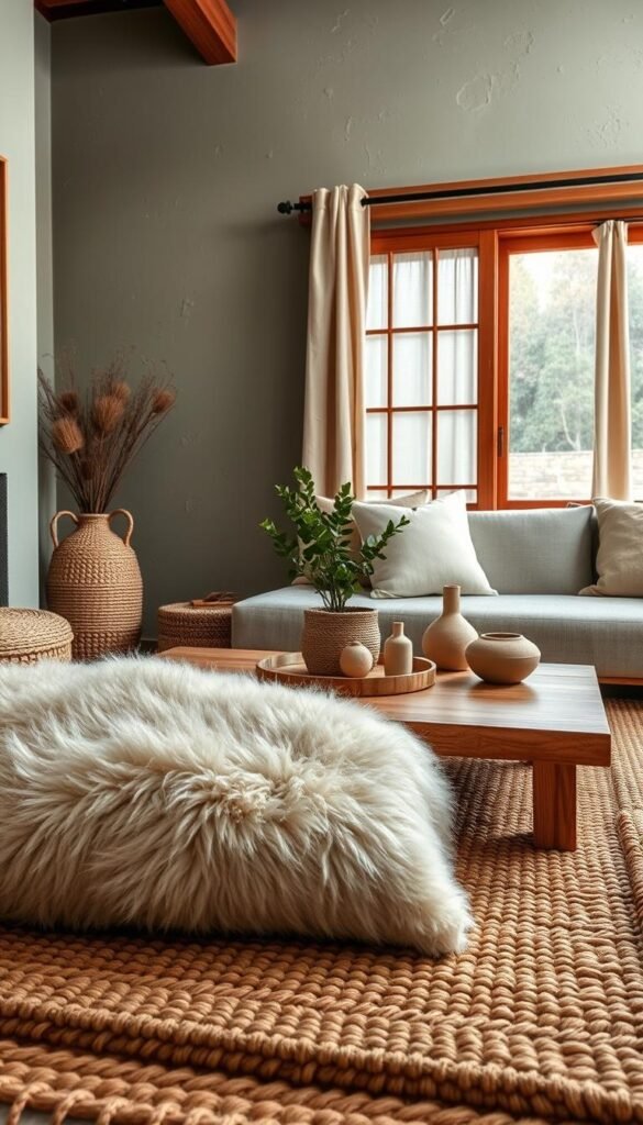 A cozy, inviting Japandi-inspired living room with a layered natural texture design. The focal point is a tactile woven rug in earthy tones, layered with a soft, fluffy sheepskin throw. In the middle ground, a low wooden coffee table is topped with a potted plant and natural décor pieces. The background features a textured plaster wall in a muted sage green, complemented by a wood-framed window with linen curtains. The lighting is soft and warm, creating an intimate, relaxing atmosphere. Captured with a wide-angle lens to showcase the depth and balance of the layered design.