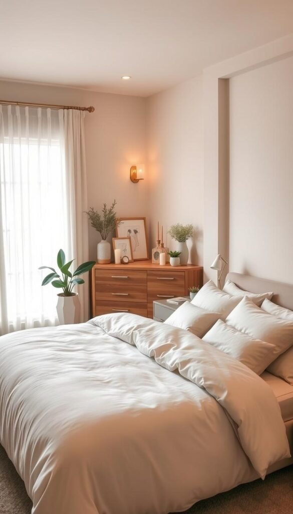 A cozy, inviting bedroom sanctuary with a serene atmosphere. A large king-sized bed with plush, luxurious bedding in soft neutral tones dominates the foreground, flanked by modern, minimalist nightstands. The middle ground features an elegant wooden dresser with a carefully curated display of decorative items, including potted plants, candles, and framed artwork. The background showcases a large window, allowing natural light to flood the space and create a warm, tranquil ambiance. Soft, diffused lighting emanates from hidden sources, casting a gentle glow throughout the room. The overall composition evokes a sense of comfort, relaxation, and a haven of personal retreat.