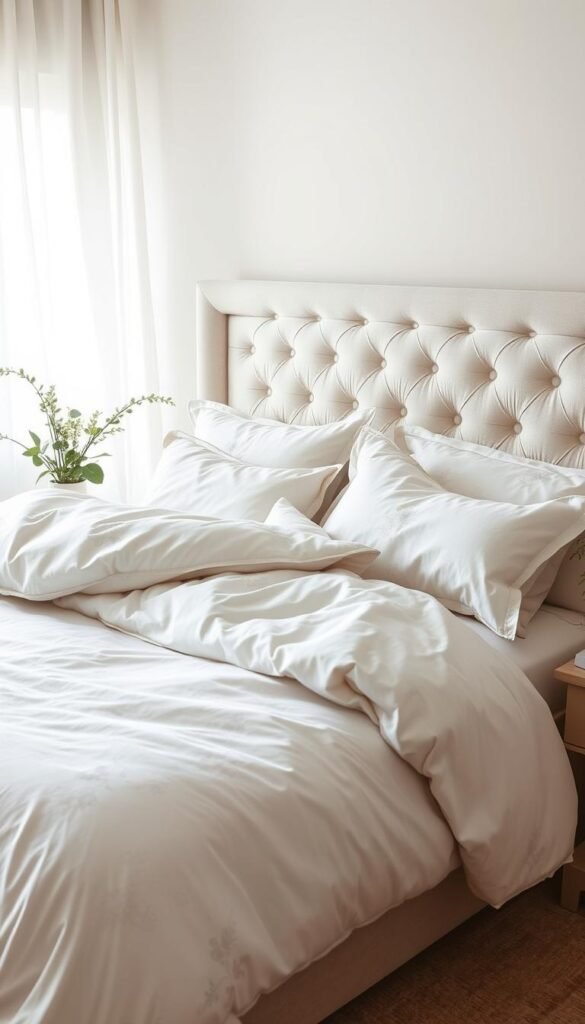 A cozy, inviting bedroom scene with a plush, tufted king-sized bed covered in soft, billowy white bedding. The bedding features delicate floral patterns and luxurious textures like velvet and satin. Plump, oversized pillows in shades of ivory and soft greys are artfully arranged, creating an irresistible nook for relaxation. Soft, diffused lighting casts a warm, comforting glow, while subtle hints of greenery and natural wood tones lend a tranquil, nature-inspired ambiance. The composition showcases the bed as the focal point, with clean, minimalist styling that emphasizes the alluring, snug atmosphere.