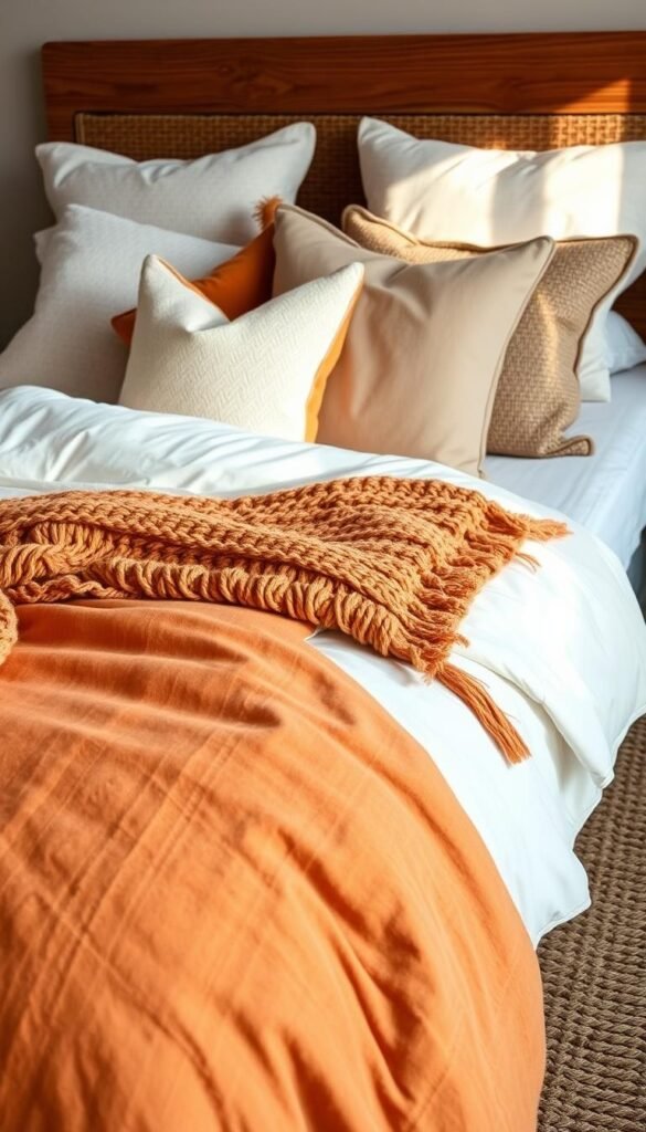 A cozy, inviting bedroom scene with layered bedding textures. In the foreground, a plush, oversized duvet cover in a warm, earthy tone, its subtle pattern creating depth and visual interest. Tucked beneath, crisp white sheets and a soft, chunky knit throw in an autumnal hue. In the middle ground, a collection of decorative pillows in contrasting textures - velvet, linen, and organic cotton - arranged artfully. The background features a nubby, woven area rug and a wooden headboard, casting a warm glow under soft, diffused lighting. The overall atmosphere is one of comfort, coziness, and attention to detail, perfectly suited for the "Fall Bedroom Decor: Cozy Layers & Warm Tones" article.