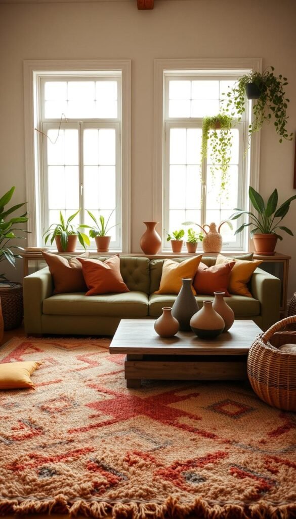 A cozy, inviting boho living room with a warm, earthy color palette. In the foreground, a plush, textured area rug in shades of ochre, terracotta, and sage. Layered atop it, a low-slung, tufted sofa upholstered in a soft, muted olive green. Scattered around, an array of throw pillows in complementary tones of rust, mustard, and deep amber. In the middle ground, a wooden coffee table with a distressed finish, topped with ceramic vases and woven baskets in muted browns and greens. Against the backdrop, a pair of large windows flood the space with natural, golden-hued lighting, casting a serene, soothing ambiance. Lush, trailing plants in earthy terracotta pots line the window sills, adding a touch of bohemian charm.