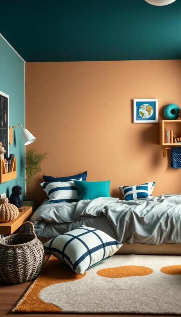 A cozy, inviting boys' room with a versatile color palette that grows with the child. The focal point is a warm, neutral-toned accent wall, complemented by a vibrant yet calming mix of blues, greens, and earth tones. Soft, diffused lighting casts a gentle glow, creating a serene atmosphere. Textured fabrics, natural wood accents, and playful patterns add depth and visual interest. The composition is balanced, with a mix of clean lines and organic shapes that offer flexibility for evolving decor needs. An inspirational space that fosters creativity and adaptability as the child matures.