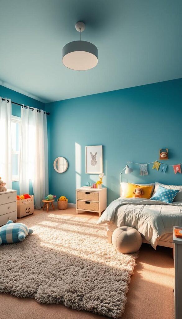 A cozy, inviting children's bedroom with soft blue walls, bathed in warm, natural light filtering through sheer curtains. The paint color is a calming, azure hue that promotes a sense of serenity and relaxation. A large, plush area rug in a complementary shade anchors the space, while playful, whimsical decor elements like plush toys and colorful throw pillows add pops of interest. The room feels spacious yet intimate, creating a serene, tranquil retreat perfect for a growing young boy.