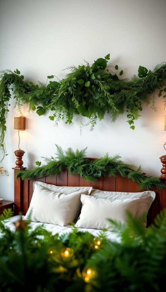 A cozy, inviting headboard adorned with lush, cascading greenery, creating a serene, nature-inspired ambiance. Vibrant trailing vines and delicate ferns spill over the wooden frame, framing the bed in a verdant embrace. Soft, warm lighting from discreet sconces casts a gentle glow, highlighting the textures and shades of the greenery. The composition is balanced, with the greenery's movement and depth complementing the clean lines of the headboard. An elegant, magical scene that evokes a sense of tranquility and wonder, perfect for a Christmas-themed bedroom.