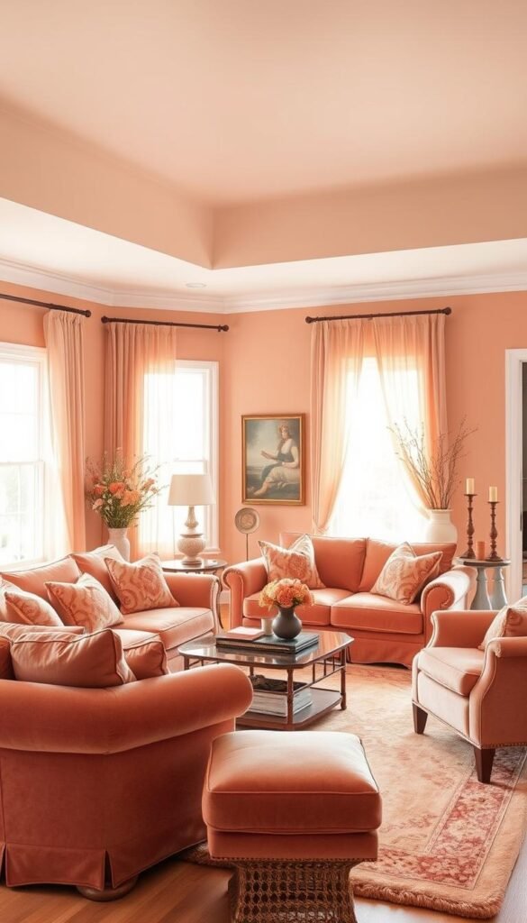 A cozy, inviting living room bathed in soft, warm peach hues. The walls are painted in a soothing, muted peach tone, creating a serene and calming atmosphere. Plush peach-colored velvet furnishings, such as a loveseat and armchair, are arranged in a harmonious layout, complemented by intricate peach-toned throw pillows and a cozy peach-colored rug underfoot. The room is illuminated by natural light filtering through large windows, with subtle peach-toned sheer curtains adding a touch of elegance. Decorative accents, such as peach-hued vases and candlesticks, are strategically placed throughout the space, further enhancing the cohesive peach color scheme. The overall impression is one of warmth, comfort, and a sense of inviting tranquility.