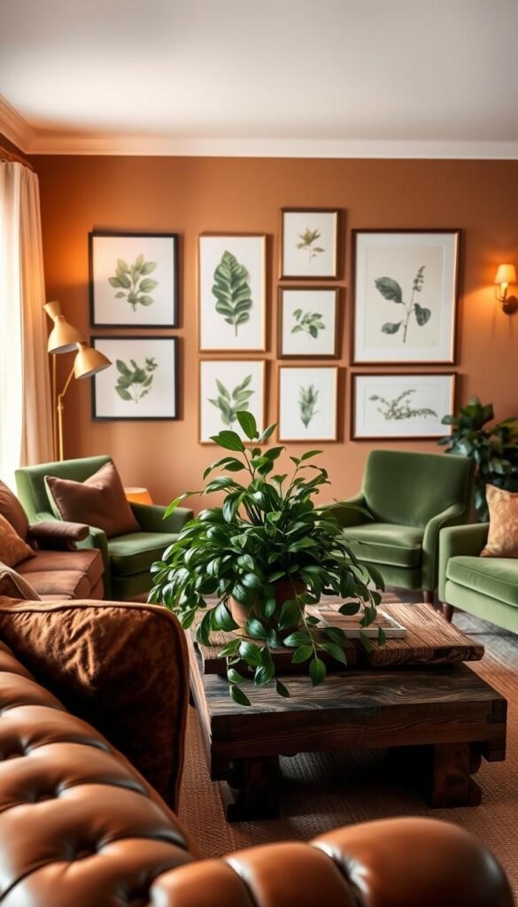 A cozy, inviting living room with a warm, earthy color palette. In the foreground, a plush brown leather sofa and a pair of green velvet armchairs are arranged around a rustic wooden coffee table. The middle ground features a lush, verdant potted plant, its leaves cascading over the table's edge. On the walls, a gallery of framed botanical prints in shades of green and brown creates a nature-inspired accent. Soft, diffused lighting from a brass floor lamp and sconces bathes the space in a gentle, ambient glow, evoking a sense of tranquility and relaxation. The background showcases a large window, allowing natural light to filter in and illuminate the organic textures and hues throughout the room.