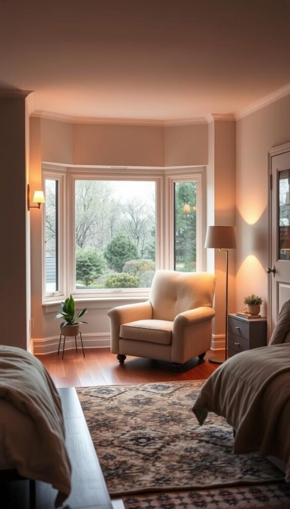 A cozy, inviting seating nook in a modern, minimalist bedroom. The nook features a plush, oversized armchair with soft, neutral upholstery, nestled in a bay window alcove overlooking a peaceful garden scene. Warm, indirect lighting from sconces and a floor lamp casts a gentle, ambient glow, creating a serene, relaxing atmosphere. The hardwood floors are covered with a soft, textured area rug, and a potted plant adds a touch of greenery. The overall vibe is one of tranquility and comfort, perfect for curling up with a good book or enjoying a moment of quiet contemplation.