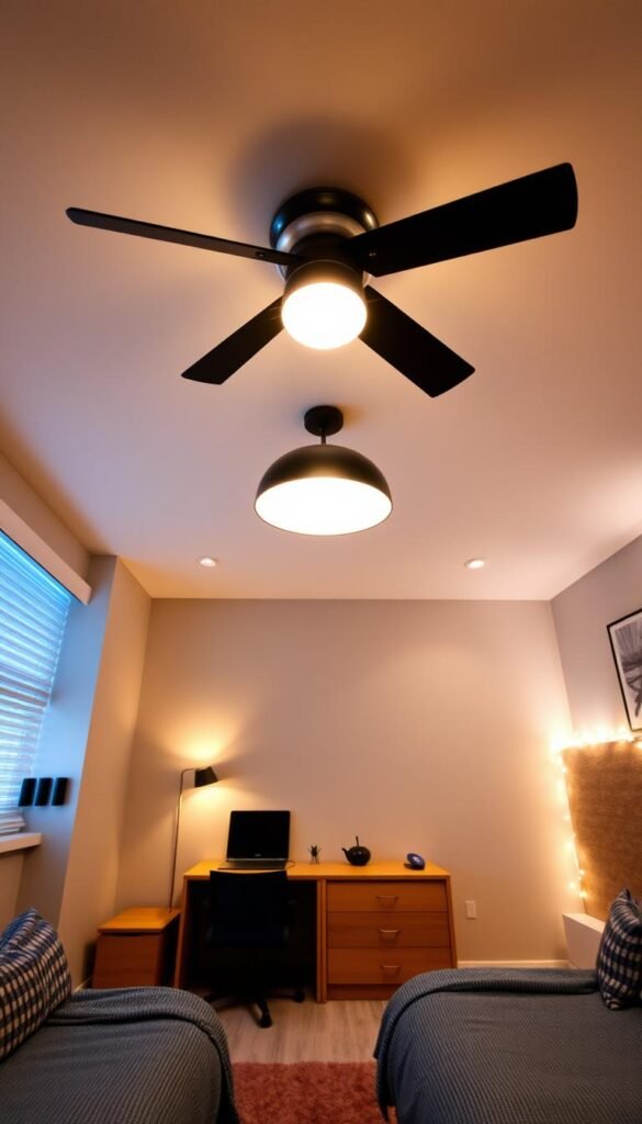 A cozy, inviting shared boys' bedroom with strategic lighting for ambiance and functionality. The focal point is a central lighting fixture, casting a warm, diffused glow over the space. In the foreground, task lighting illuminates the study area, with minimalist sconces flanking a shared desk. The middle ground features soft, dimmable ceiling lights to create a relaxing atmosphere, complemented by string lights along the headboard. In the background, subtle recessed lighting highlights architectural details and casts a gentle, tranquil mood throughout the room.