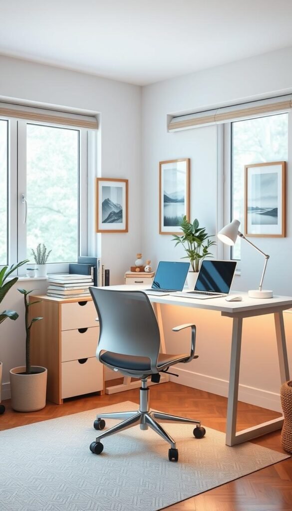 A cozy, inviting study space for an attentive young student. A well-lit, minimalist desk with a modern, ergonomic chair in a serene, natural-themed room. Soft, diffused light filters through large windows, casting a warm, focused glow. Framed nature prints and a potted plant add subtle pops of color, creating a sense of tranquility. The desktop is neatly organized with essential school supplies, a laptop, and a task lamp, promoting productivity and focus. Overall, the space feels tranquil, inspiring, and conducive to deep, concentrated studying.