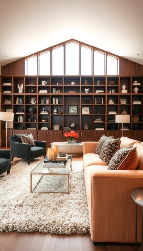 A cozy living room bathed in warm, diffuse lighting. In the foreground, a plush peach-colored sofa contrasts elegantly with dark charcoal-toned accent chairs. Intricate textured throw pillows and a large shaggy rug anchor the space. Behind, a towering bookshelf in a rich walnut tone provides a striking backdrop, its shelves adorned with artful decor pieces. Floor-to-ceiling windows on the far wall let in soft natural light, creating a serene, sophisticated ambiance. Subtle metallic accents, such as a sleek coffee table and minimalist floor lamp, add a touch of glamour. The overall effect is a harmonious blend of light and dark, creating a visually striking and cozy living environment.