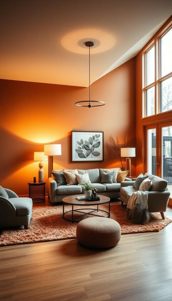 A cozy living room bathed in warm, earthy tones. Soft, diffused lighting emanates from a combination of floor lamps and a central pendant fixture, casting a gentle glow throughout the space. The walls are painted in a rich, muted ochre, complemented by the honey-hued wood tones of the hardwood flooring and furniture. Plush, textured area rugs in shades of terra cotta and mustard add depth and visual interest, while large windows allow natural light to filter in, creating a harmonious, tranquil ambiance. This inviting scene evokes a sense of comfort and relaxation, perfectly suited for the "Neutral Home Decor Living Room in Earth Tones" article.