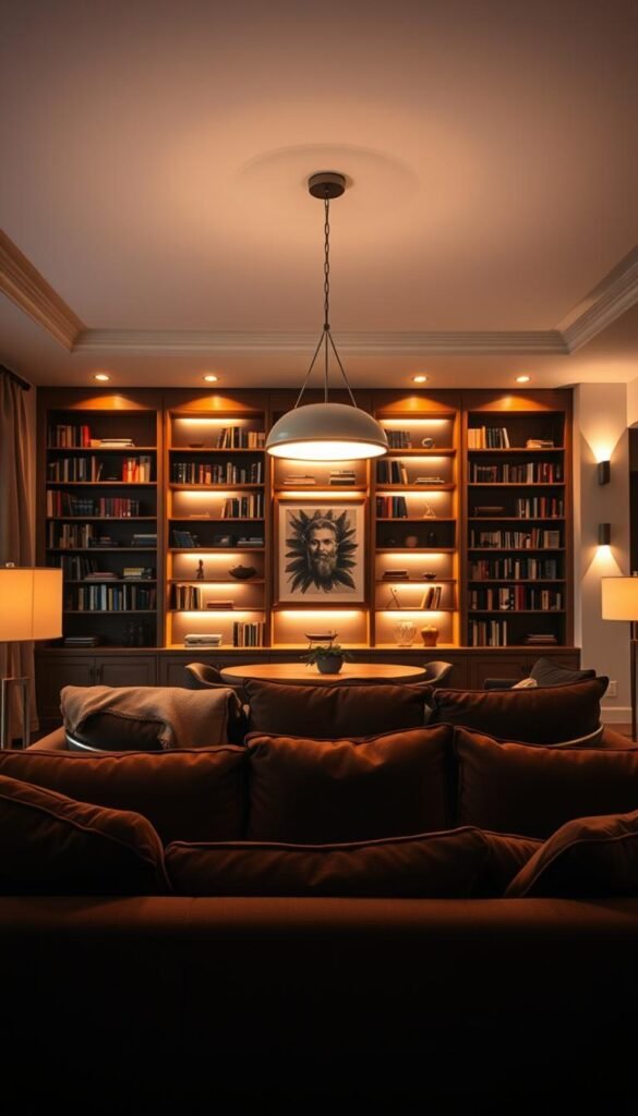 A cozy living room bathed in warm, layered lighting. In the foreground, a large, plush brown sofa takes center stage, its inviting cushions complemented by soft, ambient lighting from a pair of sleek floor lamps. Midground, a wooden coffee table is illuminated by the gentle glow of a central pendant light, casting a cozy ambiance. In the background, a wall of built-in bookshelves is accentuated by a combination of recessed spotlights and wall sconces, creating a welcoming, library-like atmosphere. The overall scene exudes a sense of comfort and relaxation, perfect for a tranquil evening at home.