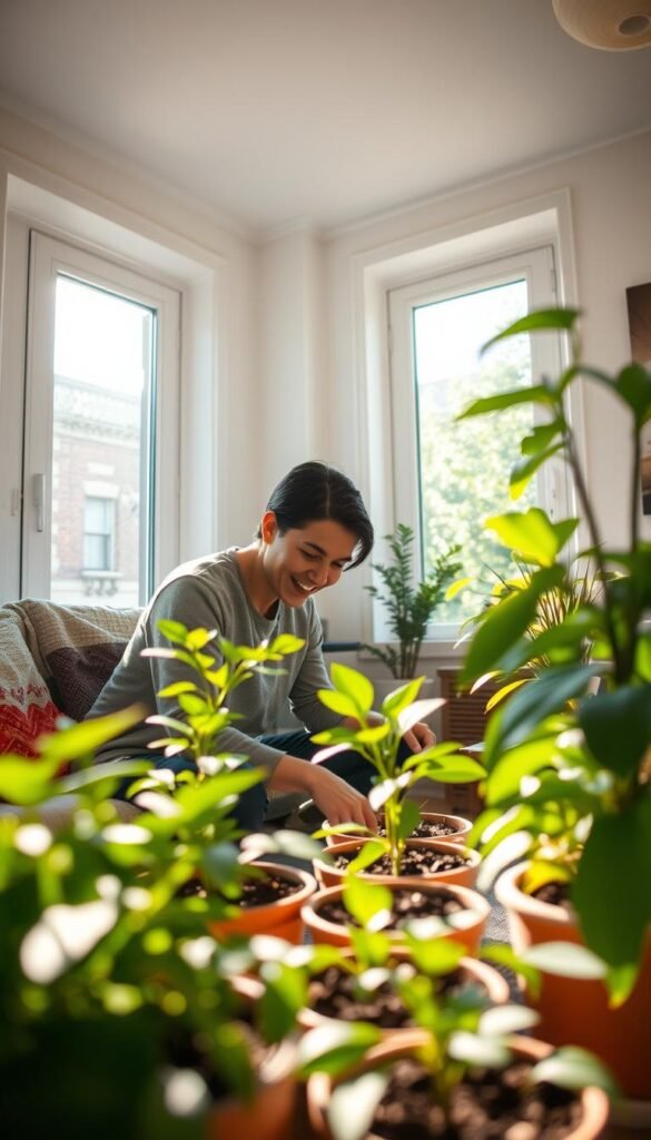 A cozy living room corner bathed in natural light, with a person carefully examining the soil and foliage of potted plants. The scene is captured through a wide-angle lens, emphasizing the sense of space and ambiance. Soft, diffused sunlight filters in through large windows, casting gentle shadows and highlights on the plants and the observer's face. The overall mood is one of tranquility and thoughtful contemplation, inviting the viewer to imagine finding the perfect spot to nurture their own indoor oasis.