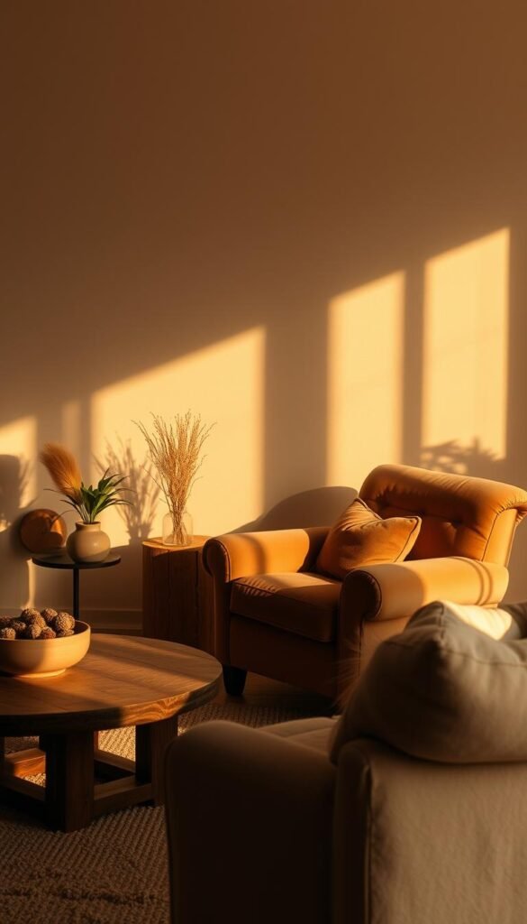 A cozy living room filled with a warm, inviting glow. Beige and brown tones blend seamlessly, from the plush velvet armchair to the rustic wooden coffee table. Soft, directional lighting casts a gentle, golden hue, highlighting the textures and creating a serene, atmospheric ambiance. Shadows dance across the walls, adding depth and dimension to the space. Gentle highlights accentuate the contours of the decor, drawing the eye to the carefully curated arrangements. The overall mood is one of relaxation and comfort, inviting the viewer to bask in the tranquil, natural-feeling illumination.