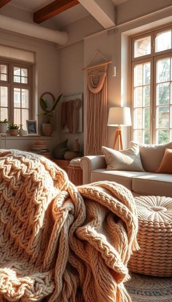 A cozy living room filled with warm, textured fabrics and handmade projects. In the foreground, a plush knitted throw blanket drapes over a comfortable armchair, its intricate patterns casting gentle shadows. A woven floor cushion sits nearby, inviting guests to sink in and relax. In the middle ground, a handcrafted macrame wall hanging sways lightly, its earthy tones complementing the room's neutral palette. Soft lighting from a table lamp casts a cozy glow, while large windows allow natural light to pour in, highlighting the textural elements throughout the space. An atmosphere of homespun comfort and crafted coziness pervades the scene.