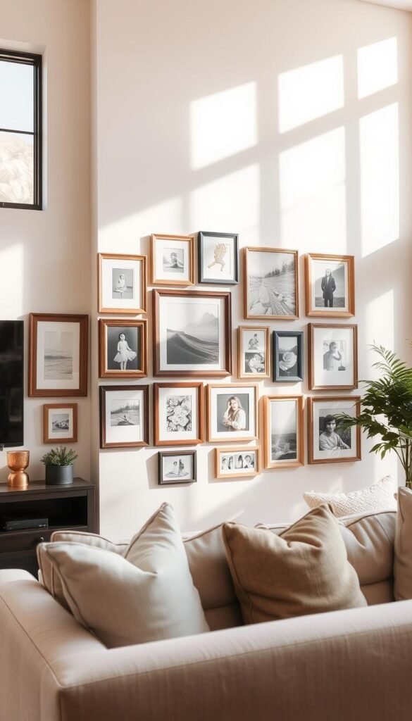 A cozy living room interior with a tastefully arranged gallery wall, showcasing a variety of framed art pieces, photographs, and decorative elements. The wall is located in a prominent position, illuminated by soft, natural lighting filtering in through large windows. The frames are a mix of wood tones and metallic finishes, creating a harmonious and visually appealing arrangement. The placement of the pieces follows a thoughtful, balanced layout, guiding the viewer's eye across the display. Subtle textures and neutral color palettes complement the overall aesthetic, resulting in a warm, inviting, and personalized living space.