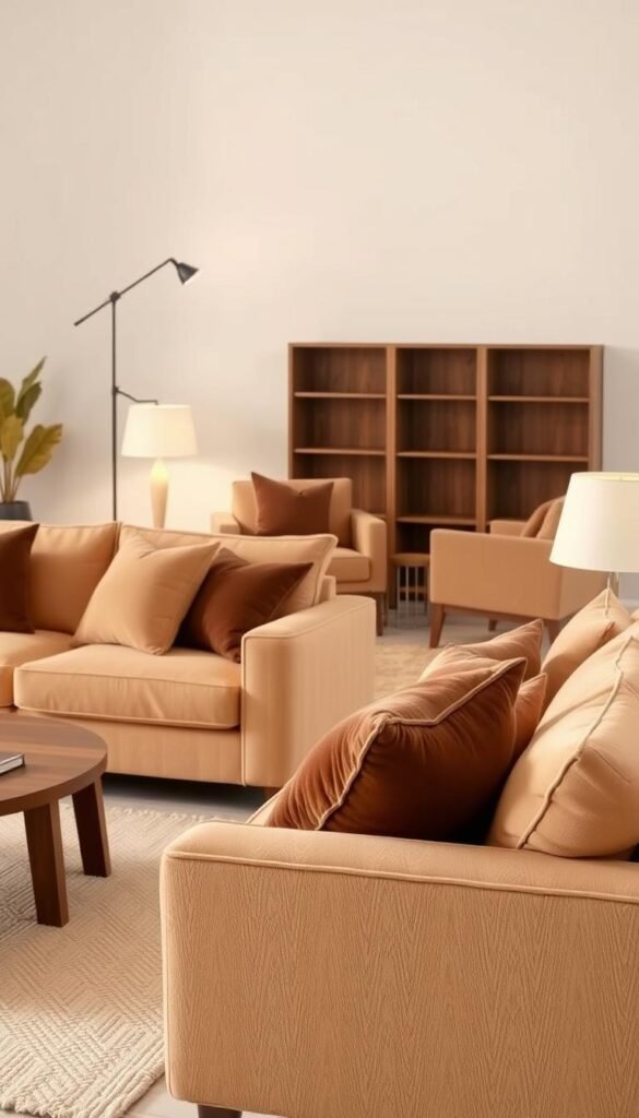 A cozy living room scene with a soft, inviting atmosphere. In the foreground, a plush beige sofa sits prominently, its warm tones complemented by a mix of throw pillows in various shades of brown. A neutral-toned area rug grounds the space, while a wooden coffee table adds a touch of natural texture. The middle ground features a pair of armchairs in a complementary earthy palette, creating a sense of balance and harmony. Soft, diffused lighting from a floor lamp casts a gentle glow, highlighting the room's versatility and ability to adapt to different moods and settings. The background showcases neutral-toned walls, allowing the furniture and decor to take center stage and showcase the beauty of blending beige and brown tones.