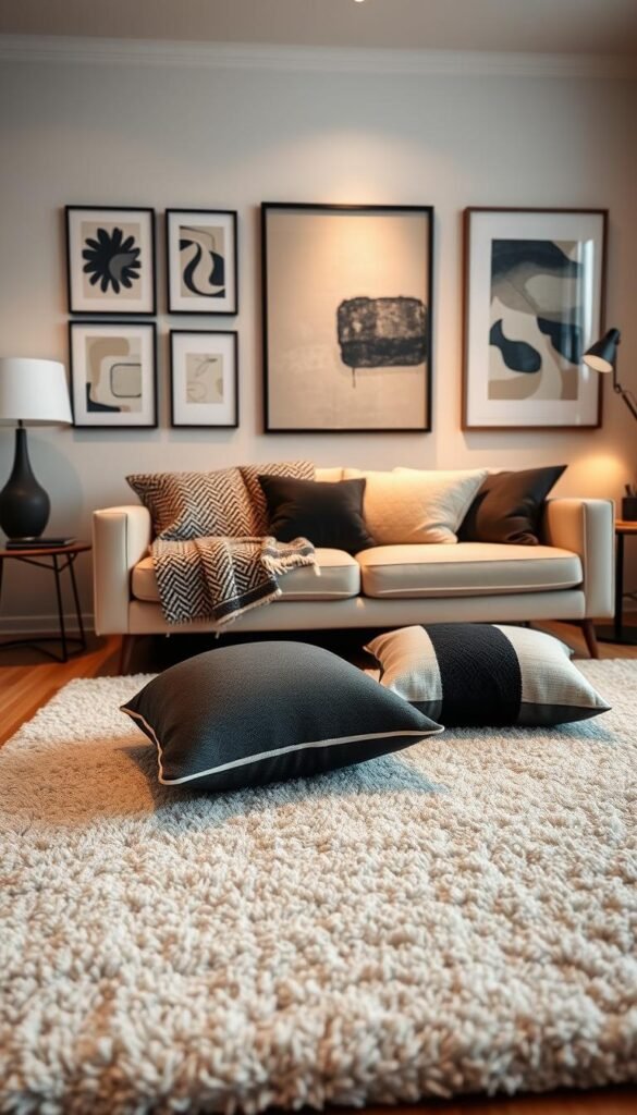 A cozy living room setting, with a central focus on a beautifully designed textile and rug arrangement. In the foreground, a plush, monochromatic area rug in a subtle geometric pattern, complemented by a set of throw pillows in contrasting textures and shades of black and white. In the middle ground, a sleek, low-profile sofa adorned with a patterned throw blanket, inviting relaxation. The background features a gallery wall showcasing framed abstract textile art, illuminated by warm, diffused lighting that casts a serene, inviting atmosphere. The overall composition emphasizes the importance of thoughtfully selected textiles and soft furnishings in creating a modern, comfortable living space.