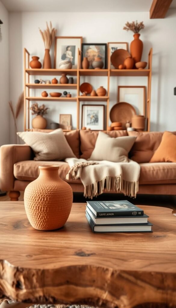 A cozy living room setting with warm, natural wood accents and terracotta decor elements. In the foreground, a handcrafted wooden coffee table with a textured terracotta vase and a stack of books. Middle ground features a plush, earthy-toned sofa with a woven throw blanket. In the background, a wooden wall unit displays terracotta pottery, framed art, and other natural accents. Soft, diffused lighting creates a relaxed, inviting atmosphere. The scene is captured with a wide-angle lens to showcase the harmonious blend of organic materials and earthy tones. A cozy living room setting with warm, natural wood accents and terracotta decor elements. In the foreground, a handcrafted wooden coffee table with a textured terracotta vase and a stack of books. Middle ground features a plush, earthy-toned sofa with a woven throw blanket. In the background, a wooden wall unit displays terracotta pottery, framed art, and other natural accents. Soft, diffused lighting creates a relaxed, inviting atmosphere. The scene is captured with a wide-angle lens to showcase the harmonious blend of organic materials and earthy tones.